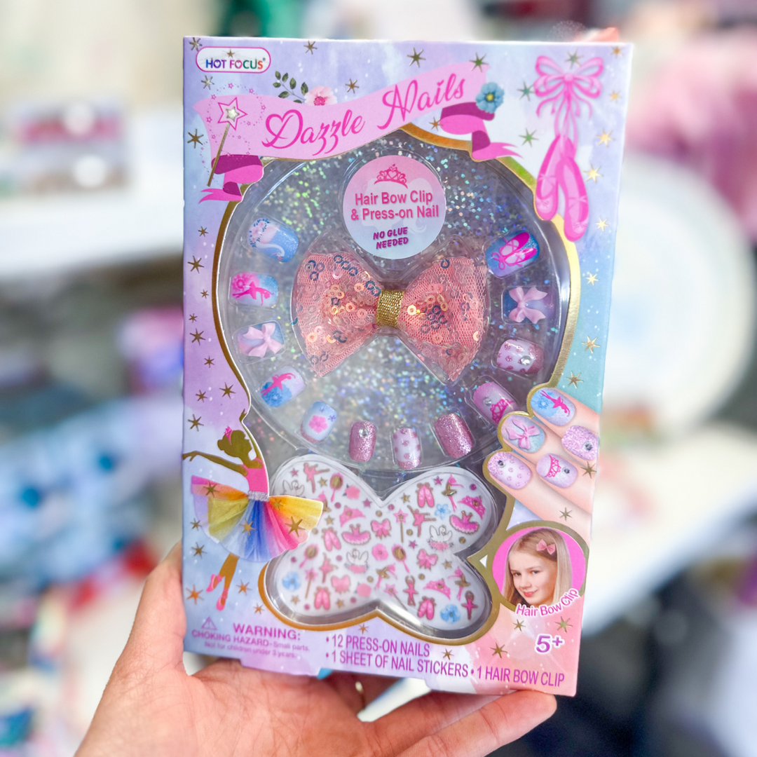 kids gift, dazzle nails, press on nail kit with stickers and hair bow.