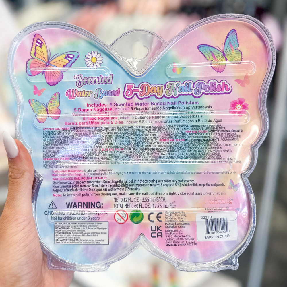 kid's gift, 5 day nail polish kit, hot pink, purple, blue, light pink, medium pink, scented, water based, bottles have a cute design with butterflies and smiley faces, packaging in the shape of a butterfly, bright colors and glitter. 