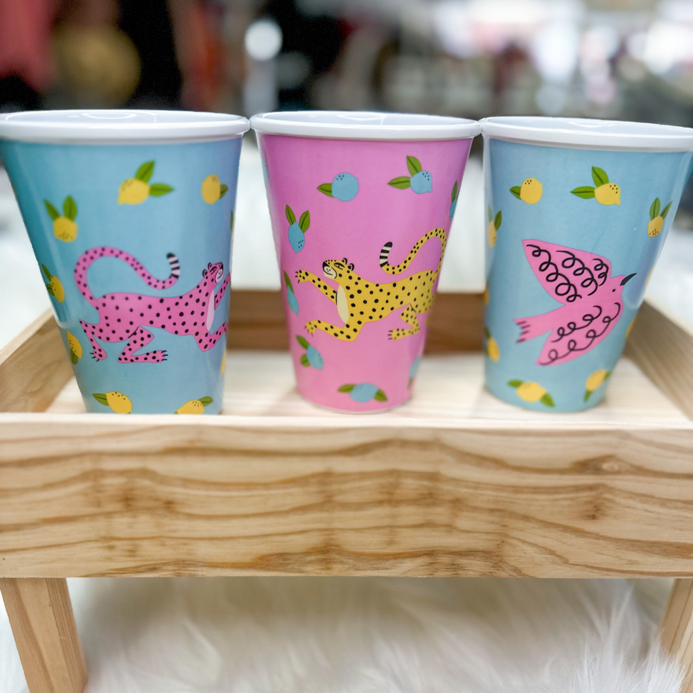 Fun cups, pink leopard with blue background, pink bird with blue background, yellow leopard with pink background, blue bird with pink background, lemons and blueberry greenery