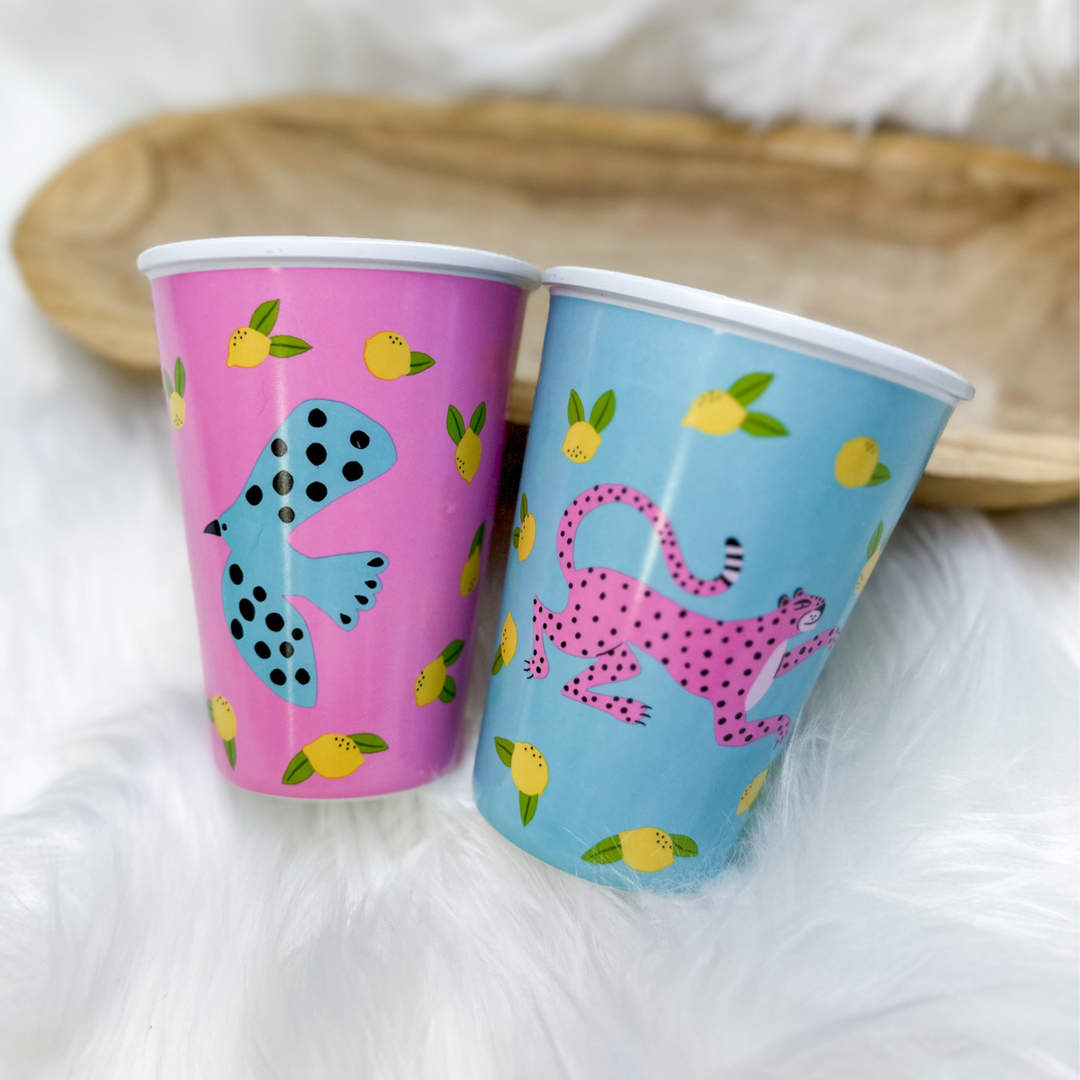 Fun cups, pink leopard with blue background, pink bird with blue background, yellow leopard with pink background, blue bird with pink background, lemons and blueberry greenery