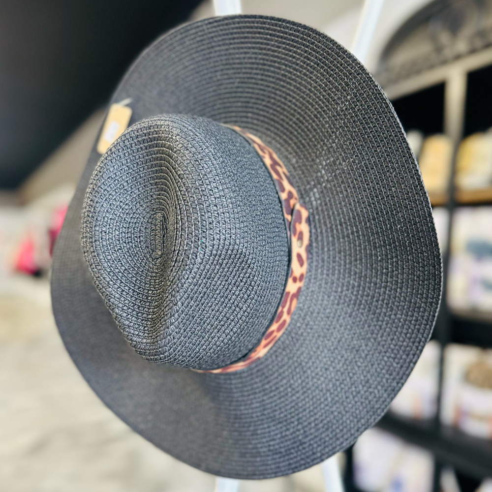 Straw black hat with leopard band.