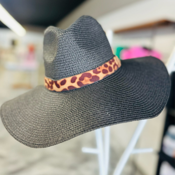 Straw black hat with leopard band.