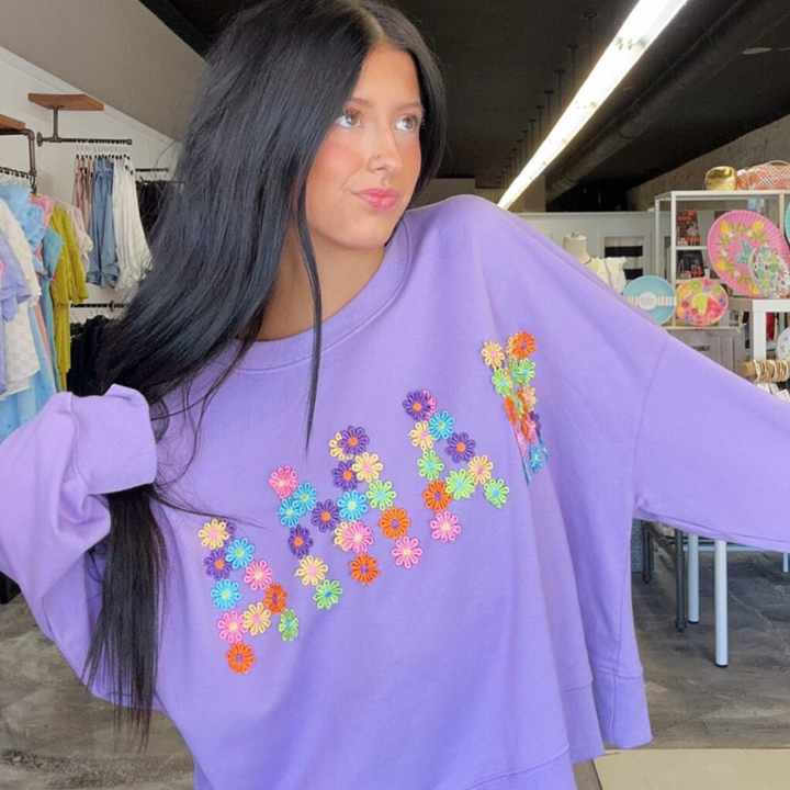 Daisy mama Flower Applique Sweatshirt lavender color with Daisy details that spell out mama
