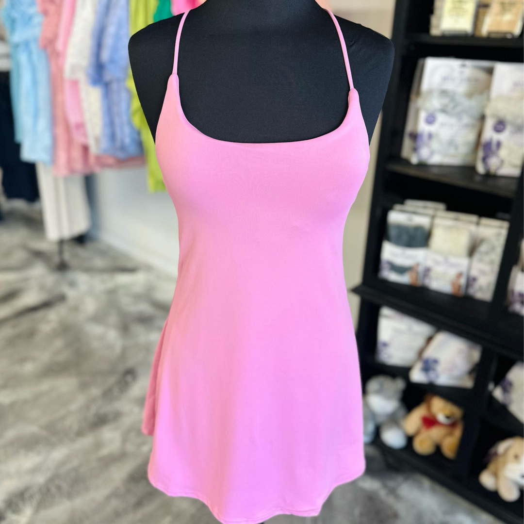 Fit Queen active Dress in vibrant lime and mauve.