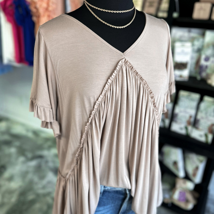 Mocha short sleeve top with bell sleeves ruffle detail.