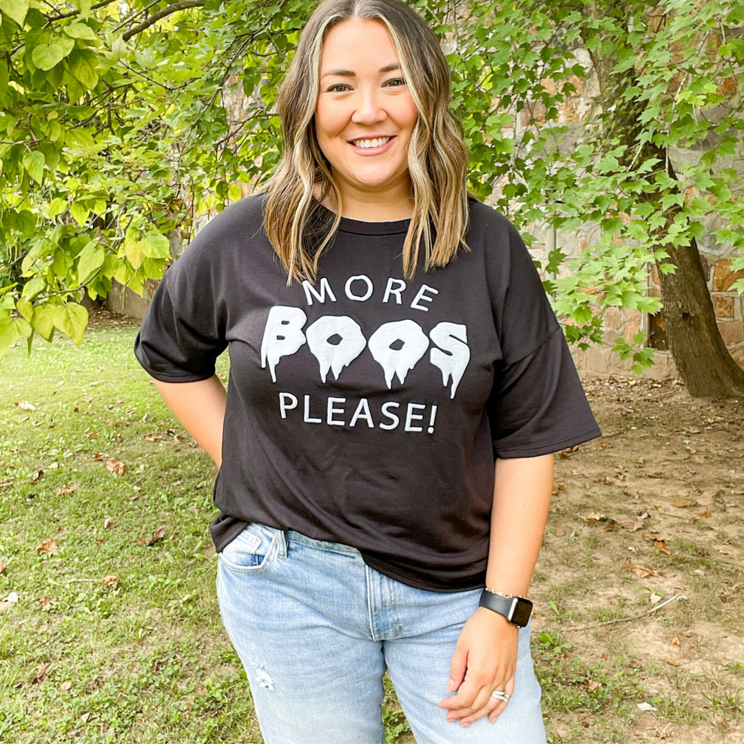 moore boos please, halloween graphic tees, black with cute white font that is puffy. round neckline. 