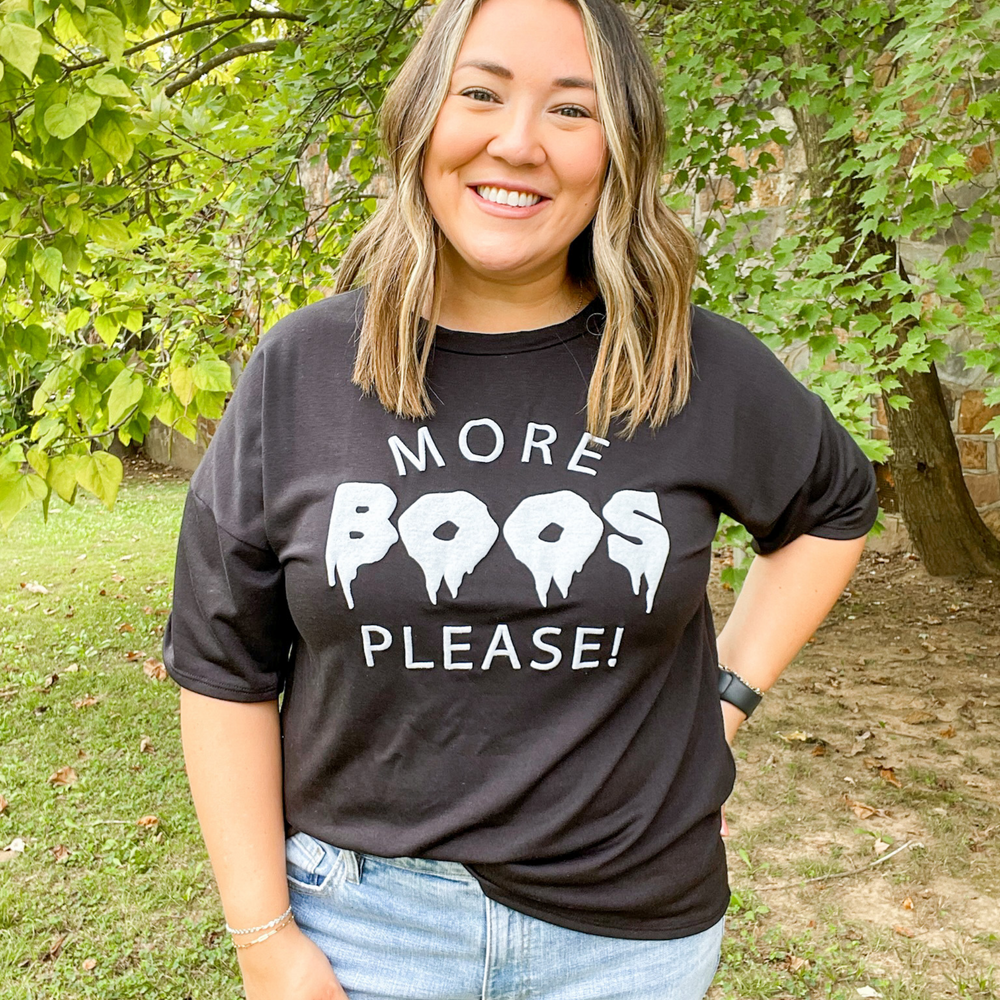 moore boos please, halloween graphic tees, black with cute white font that is puffy. round neckline. 