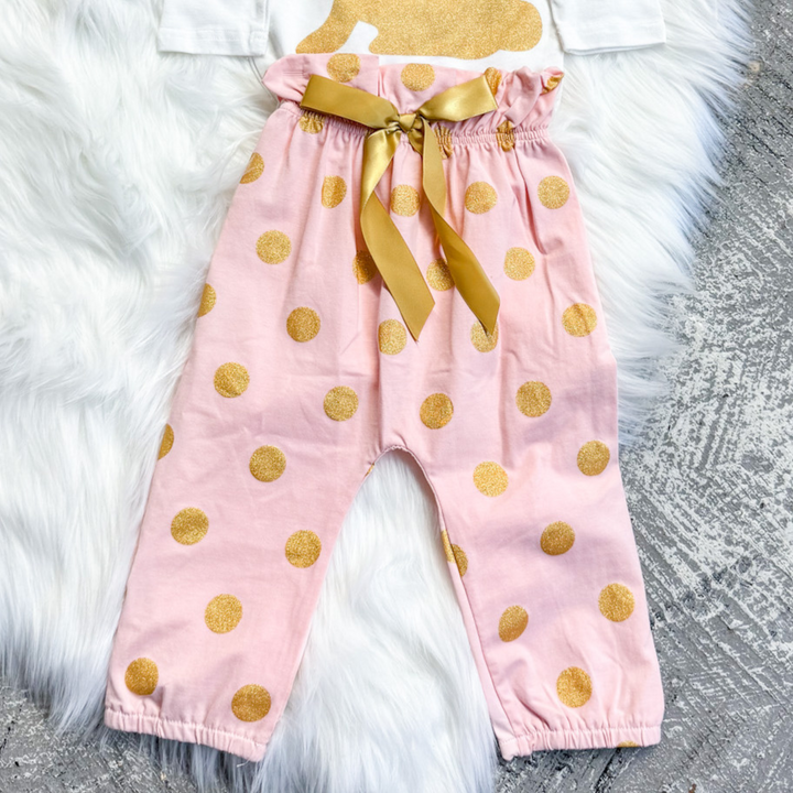 easter kids outfit, white onesie with gold bunny, pink pants with gold polka dots with matching bow