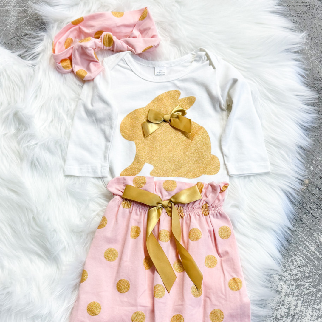 easter kids outfit, white onesie with gold bunny, pink pants with gold polka dots with matching bow