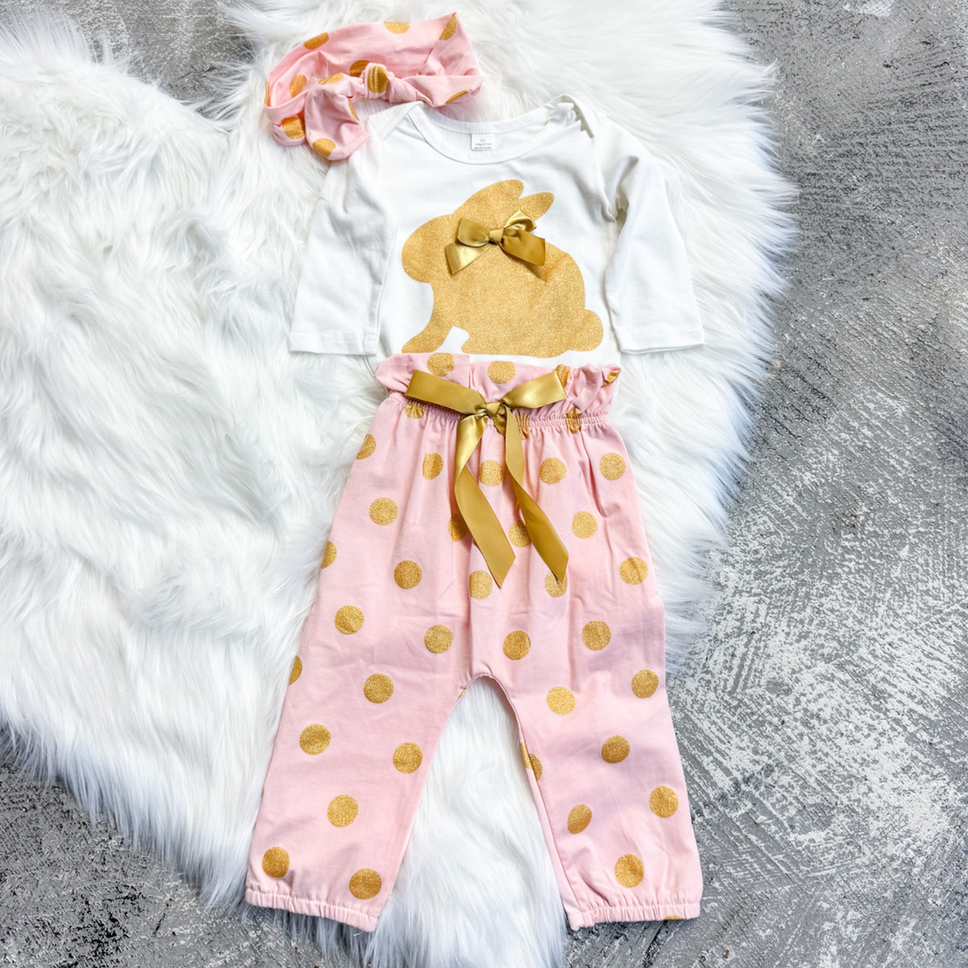 easter kids outfit, white onesie with gold bunny, pink pants with gold polka dots with matching bow