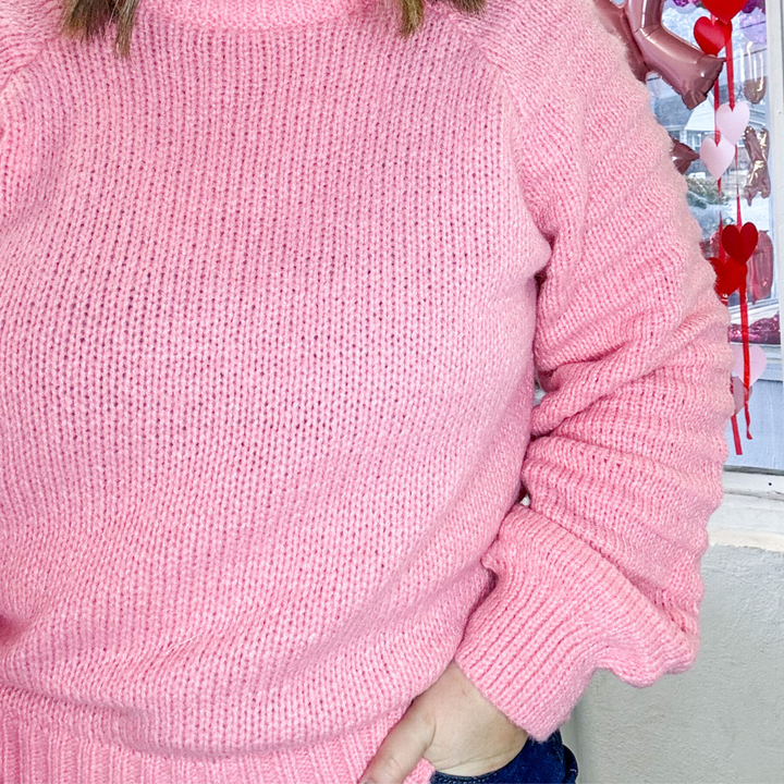 pink chunky sweater with sleeve thick detail, women's sweater