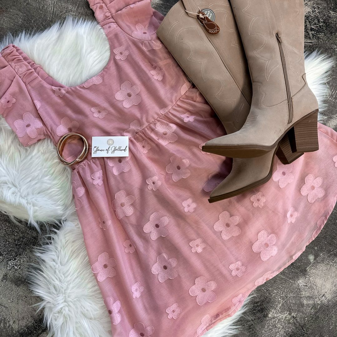 light pink flowy mini dress, embroidered light pink flowers with ruffle sleeves.