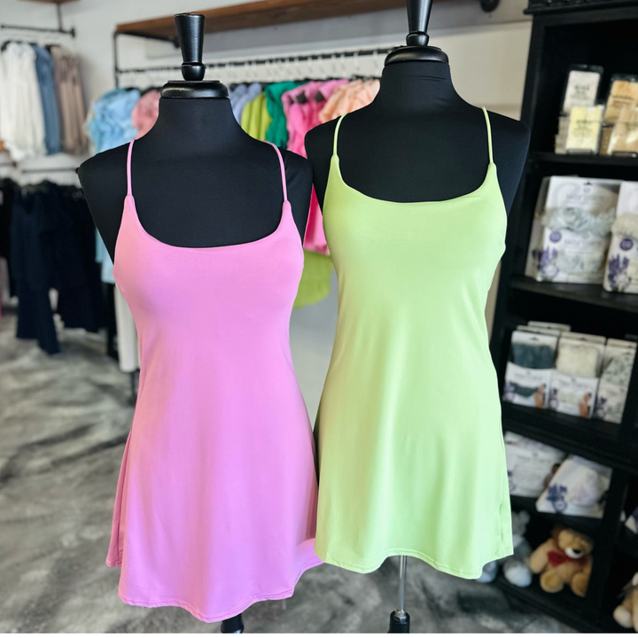 Fit Queen active Dress in vibrant lime and mauve.