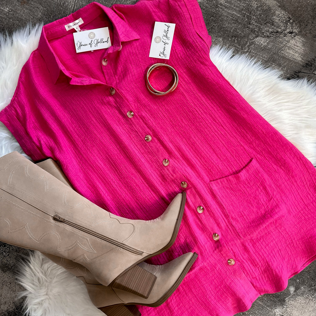 pink tunic dress, light weight, button down closure, two pockets at hip area