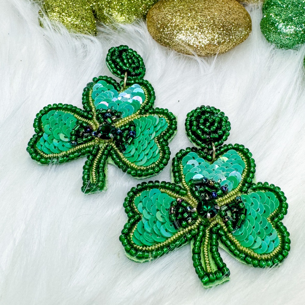St. Patrick's Day beaded earrings, green shamrocks with green beads, green sequence and gold bead details. 