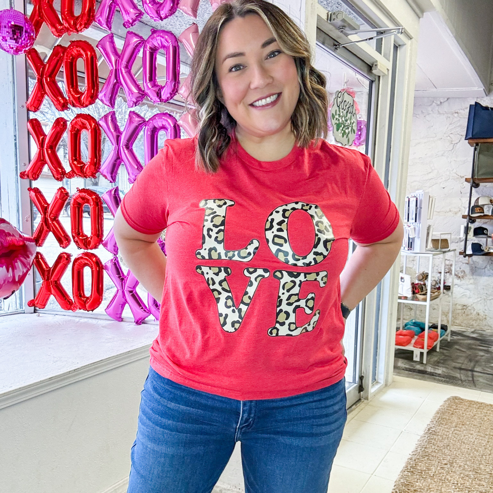 valentine's day tee love in leopard print on a red tee shirt