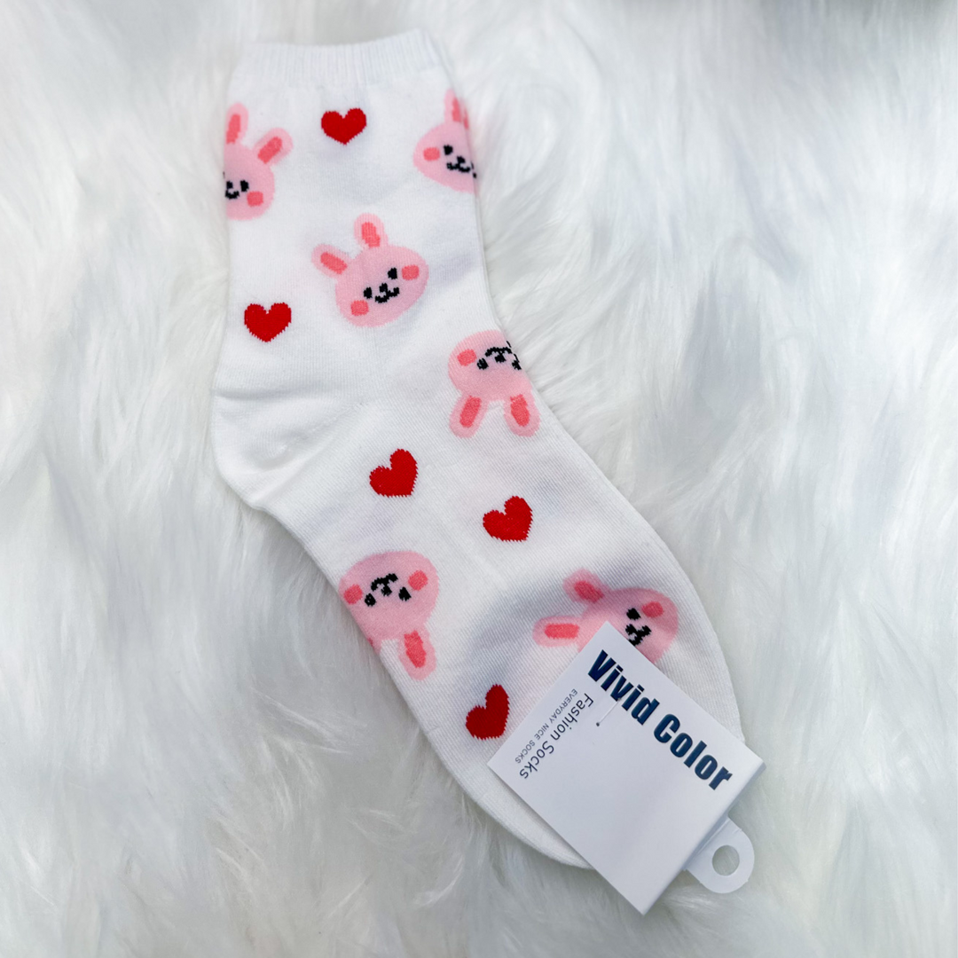 white and pink bunny socks, white socks with pink bunny faces and red hearts