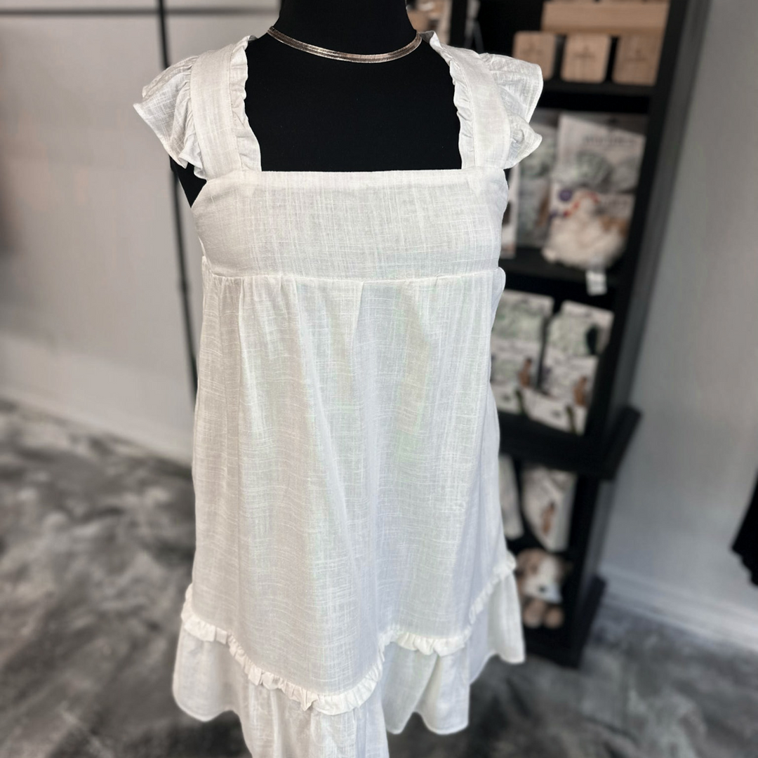 white ruffle linen mini dress, perfect for summer!