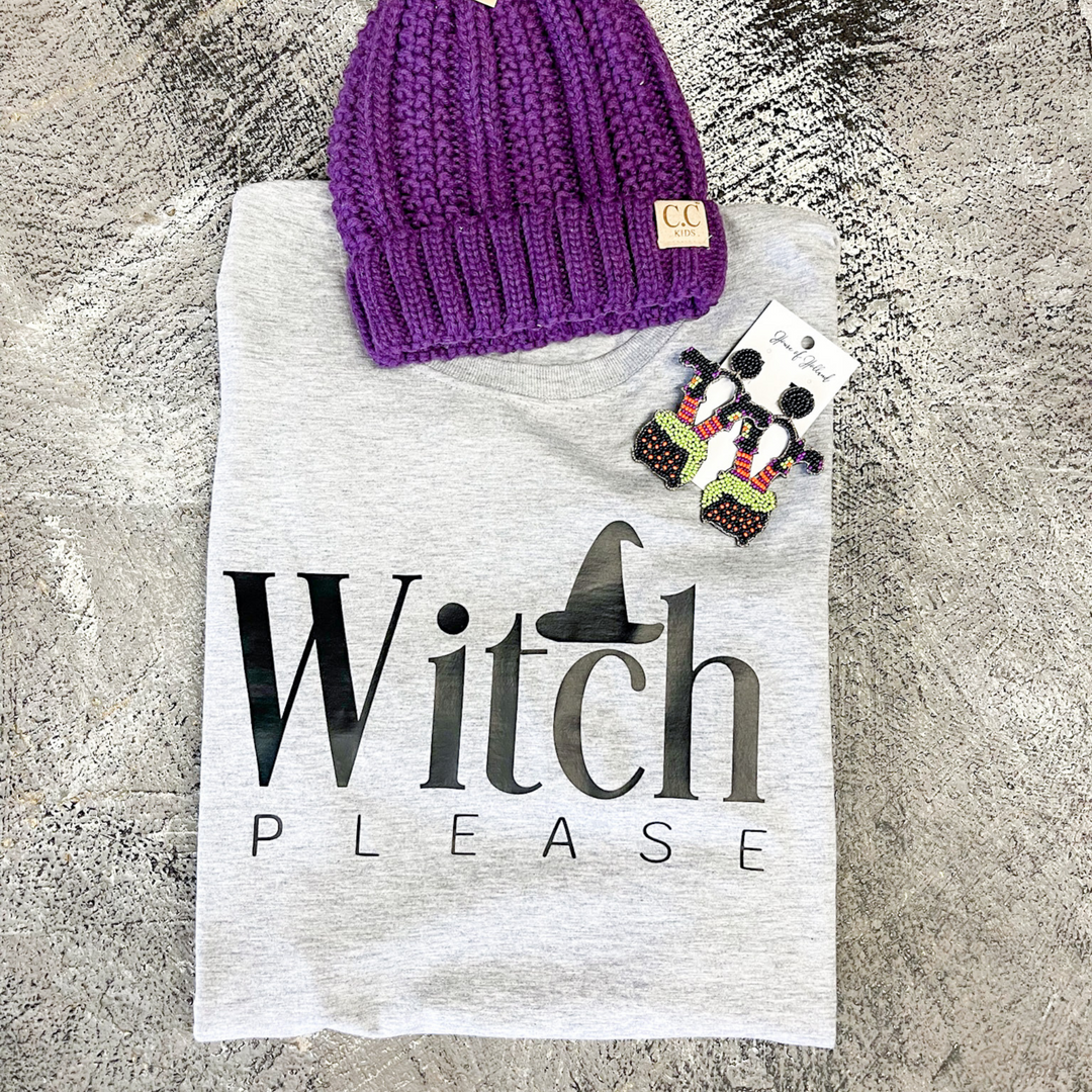 halloween graphic tee, grey round neck tee shirt with the words Witch Please in two different font, letters are black, witch hat above the letter c. 
