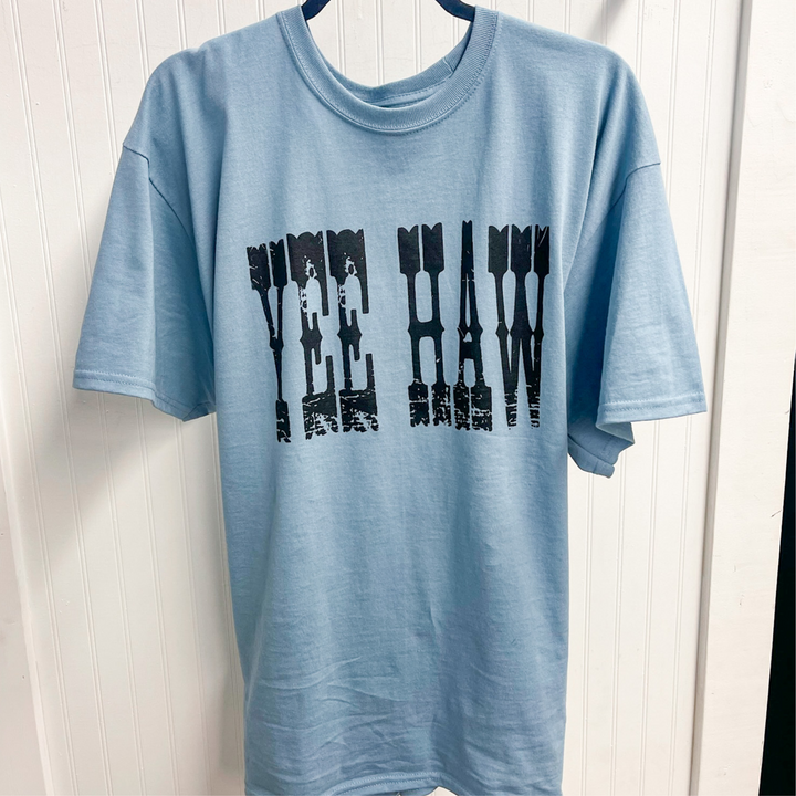 steel blue graphic tee with faded yee haw printed in black across chest