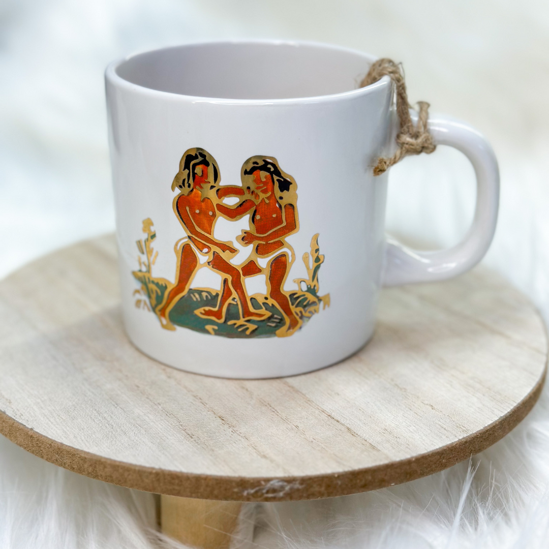 coffee cups, all 12 zodiac signs, different designs representing each zodiac sign, some animals, some vibrant colors on certain cups 
