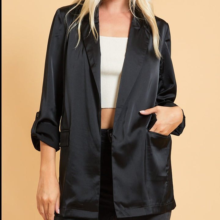 black slick blazer, two front packets
