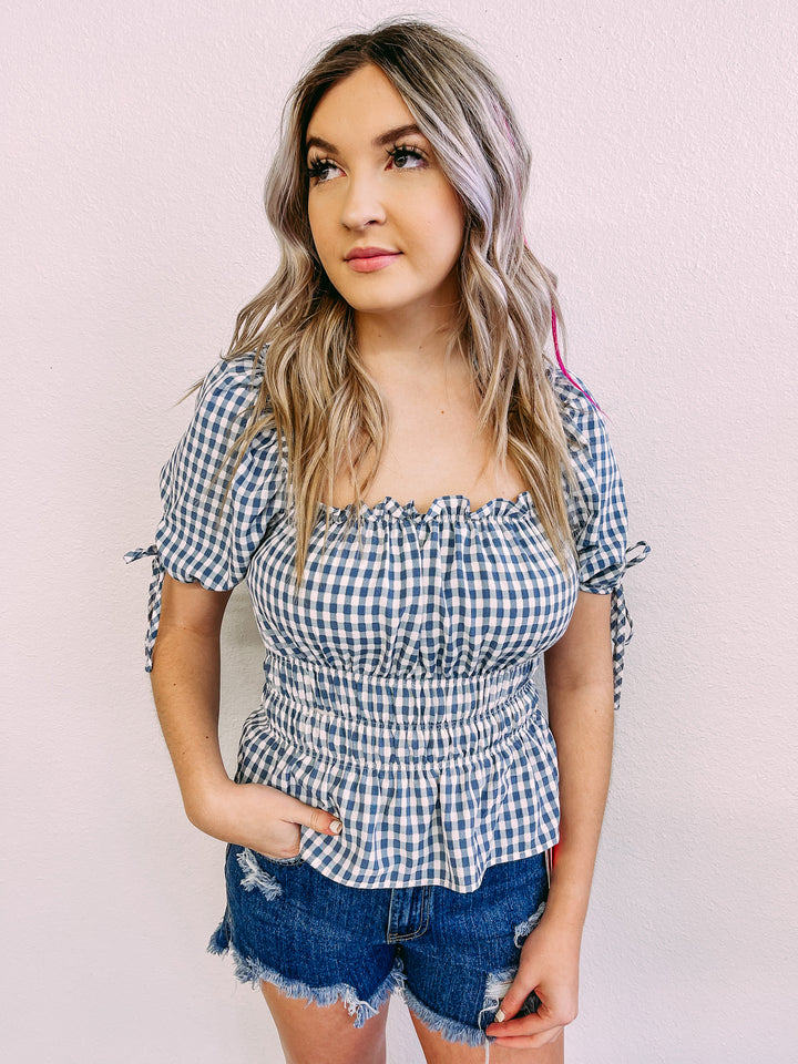 gingham top, blue, white, puff sleeves with ties 