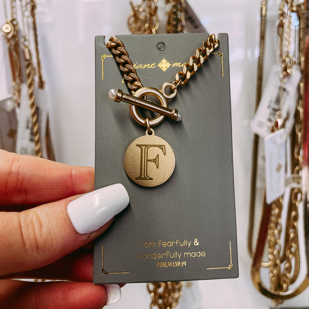 Engraved Gold Tone Initial Necklace - F