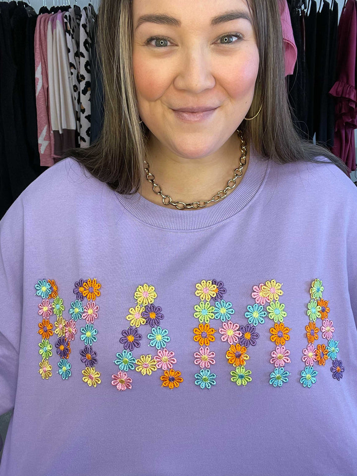 Daisy mama Flower Applique Sweatshirt lavender color with Daisy details that spell out mama close up