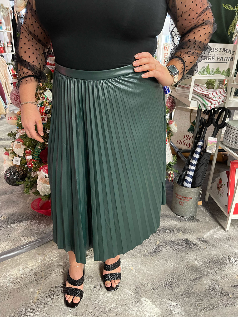FORREST GREEN FAUX LEATHER PLEATED SKIRT